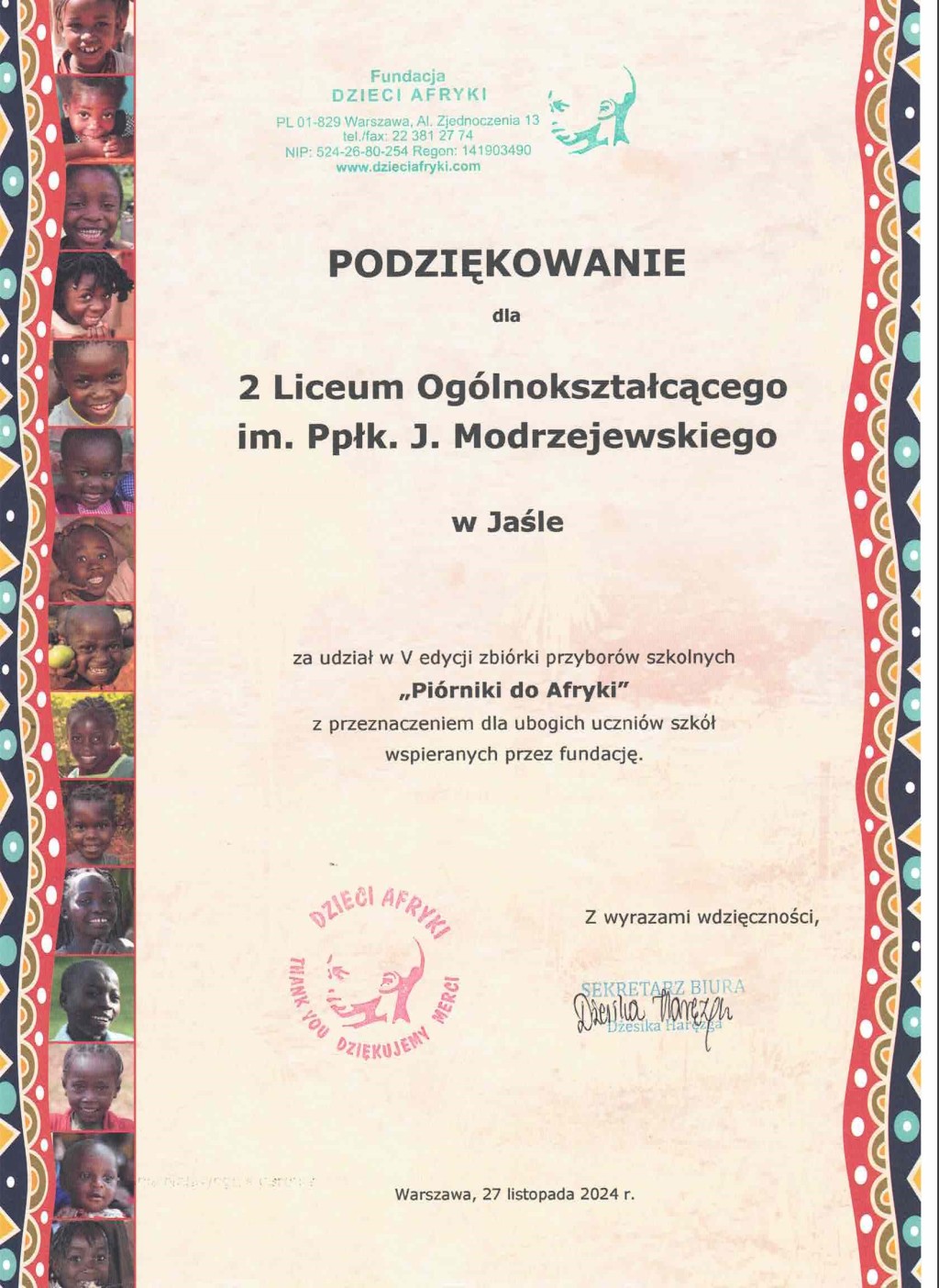 Podziękowanie za udział w V edycji zbiórki przyborów szkolnych „Piórniki do Afryki”