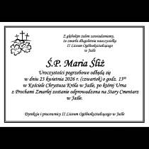 Z głębokim żalem zawiadamiamy,  że zmarła długoletnia nauczycielka II Liceum Ogólnokształcącego  w Jaśle  Ś.P. Maria Śliż